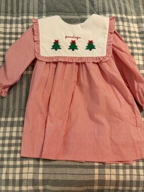 Penelope Red Stripe Girls' Holiday Dress with Embroidered Trees